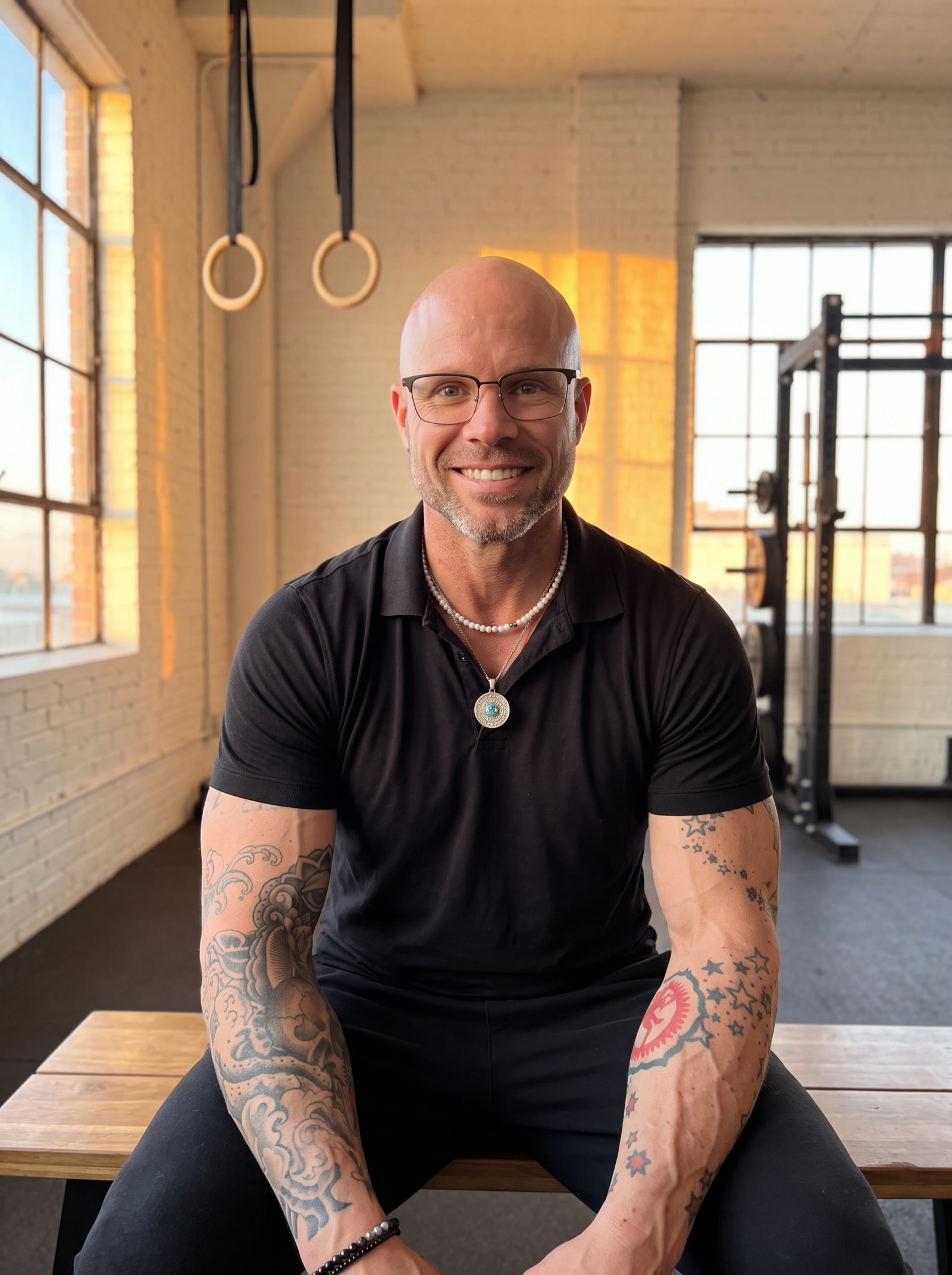 Coach Daniel, smiling, seated in his sun-lit gym
